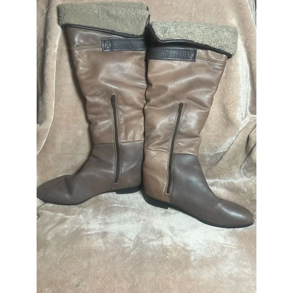 Apepazza Leather Knee High Boots Women 39 Brown Colorblock Shearling Good Buckle